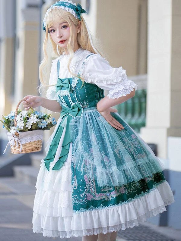 Sweet Lolita JSK Dress Bow Lace Front Opening Floral Print Lolita Jumper Skirts - Image 4
