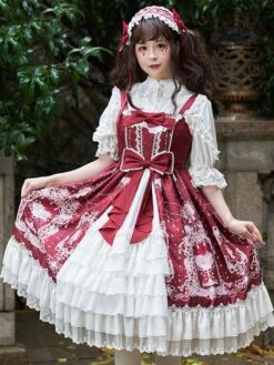 Sweet Lolita JSK Dress Bow Lace Front Opening Floral Print Lolita Jumper Skirts