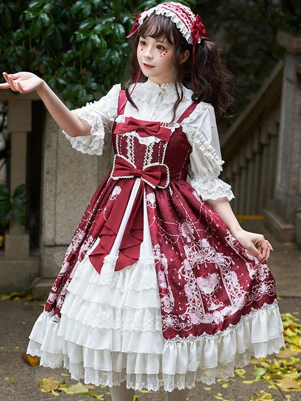Sweet Lolita JSK Dress Bow Lace Front Opening Floral Print Lolita Jumper Skirts - Image 2