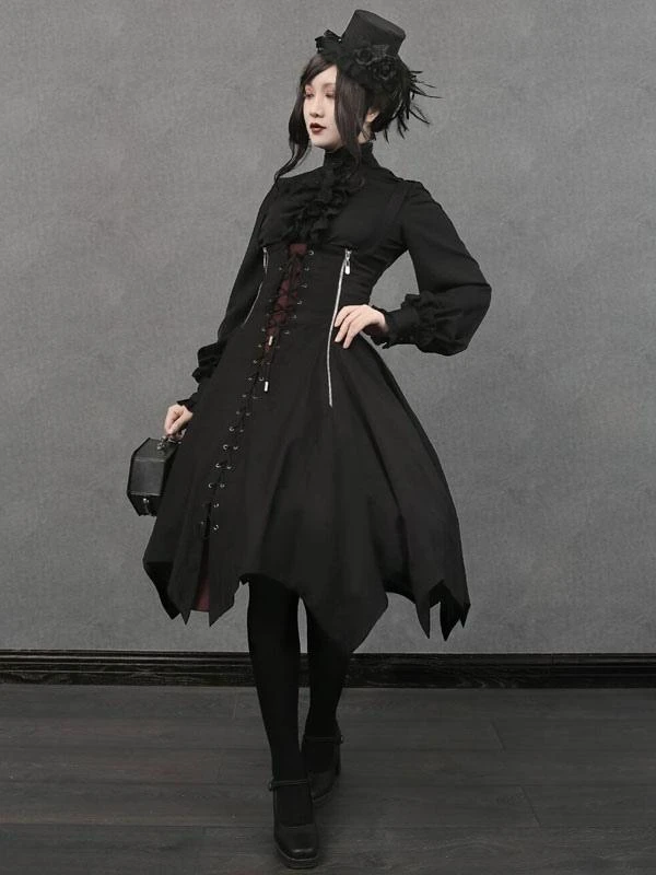 JSK Gothic Lolita JSK Dress Black Lace Up Lolita Jumper Skirt - Image 4