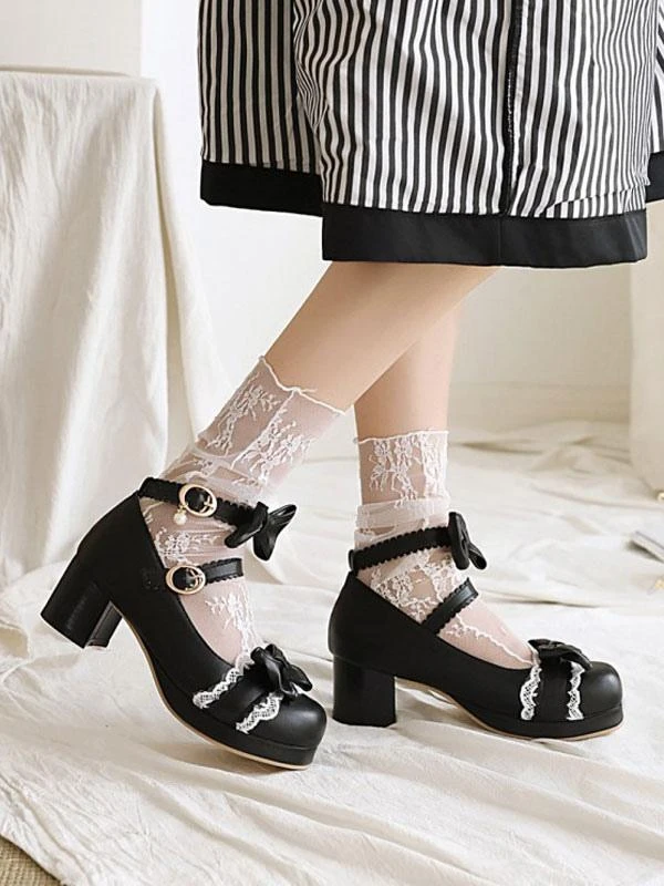 Sweet Lolita Shoes Bows Lace PU Leather Chunky Heel Lolita Pumps - Image 4