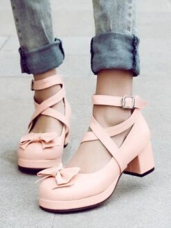 Sweet Lolita Shoes Bows PU Leather Chunky Heel Lolita Shoes