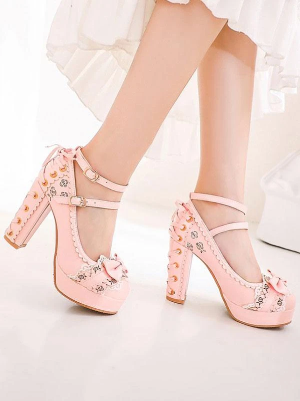 Sweet Lolita Shoes Bows Round Toe Lace Up PU Leather Lolita Pumps - Image 3