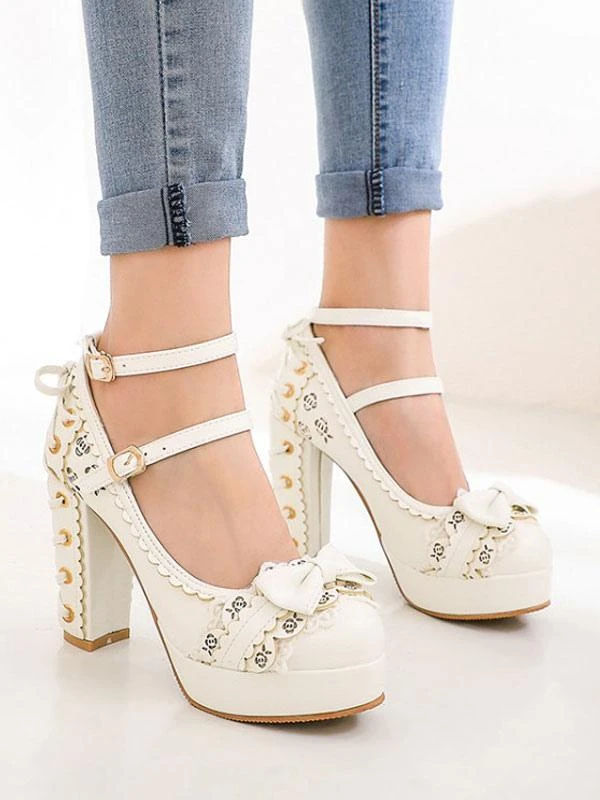 Sweet Lolita Shoes Bows Round Toe Lace Up PU Leather Lolita Pumps - Image 8
