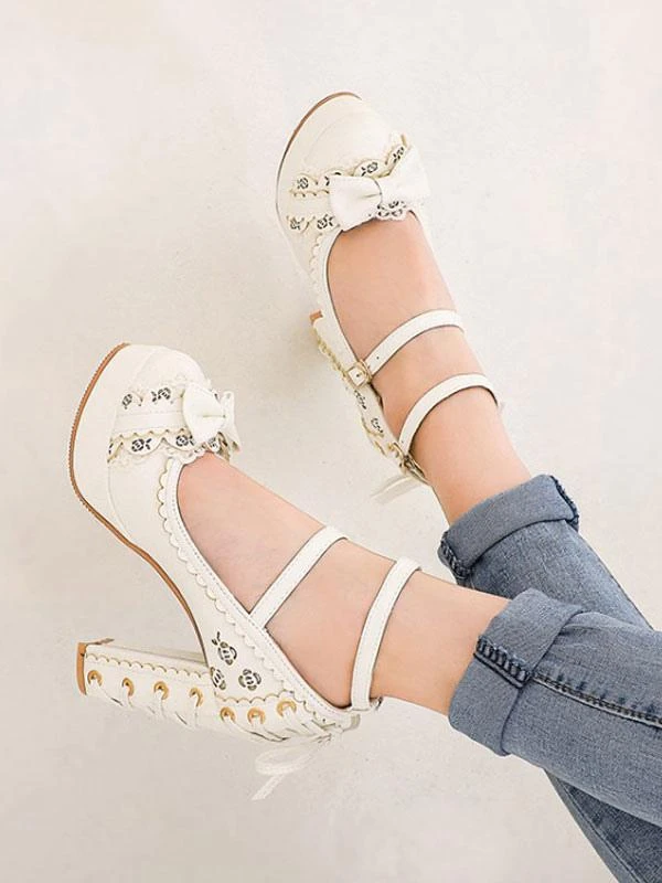 Sweet Lolita Shoes Bows Round Toe Lace Up PU Leather Lolita Pumps - Image 9