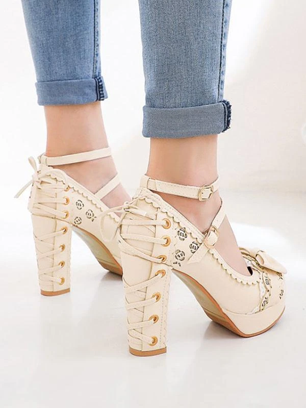 Sweet Lolita Shoes Bows Round Toe Lace Up PU Leather Lolita Pumps - Image 7