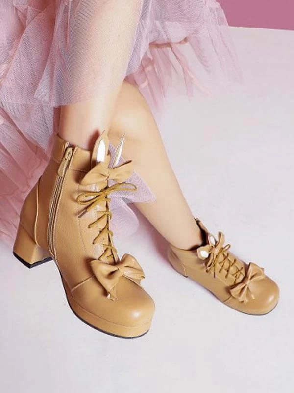 Sweet Lolita Boots Bows Round Toe Leather 6 Colors Lolita Cutie Bunny Ears High Heel Shoes - Image 10