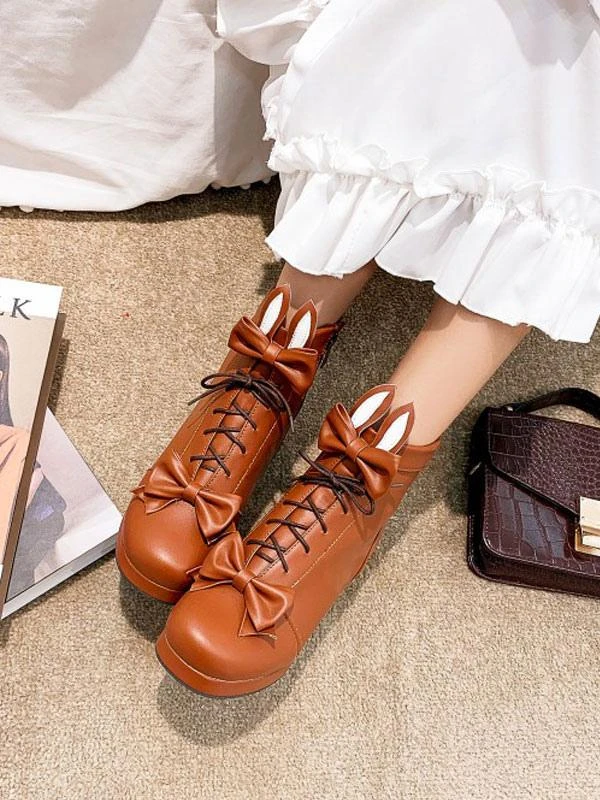 Sweet Lolita Boots Bows Round Toe Leather 6 Colors Lolita Cutie Bunny Ears High Heel Shoes - Image 5