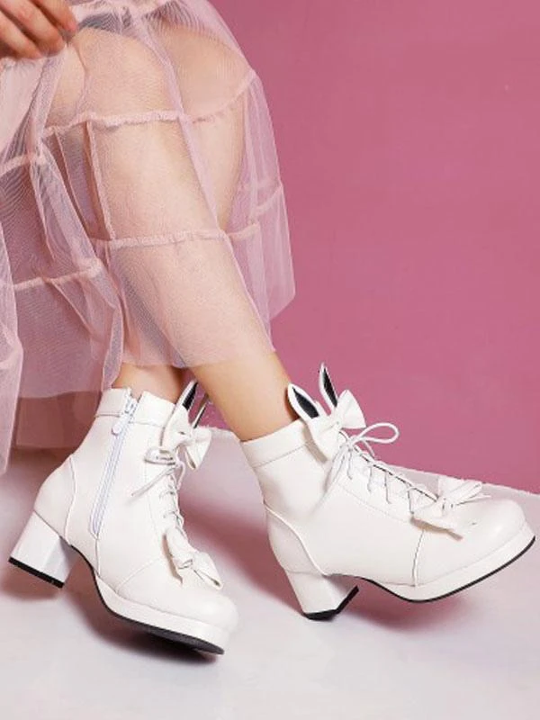 Sweet Lolita Boots Bows Round Toe Leather 6 Colors Lolita Cutie Bunny Ears High Heel Shoes - Image 7