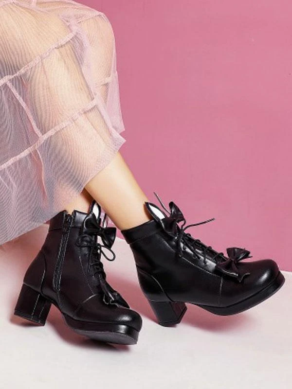 Sweet Lolita Boots Bows Round Toe Leather 6 Colors Lolita Cutie Bunny Ears High Heel Shoes - Image 8