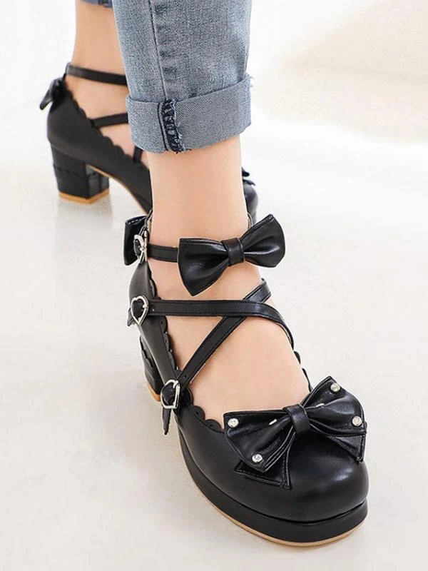 Sweet Lolita Shoes Bows Round Toe PU Leather Lolita Pumps - Image 6