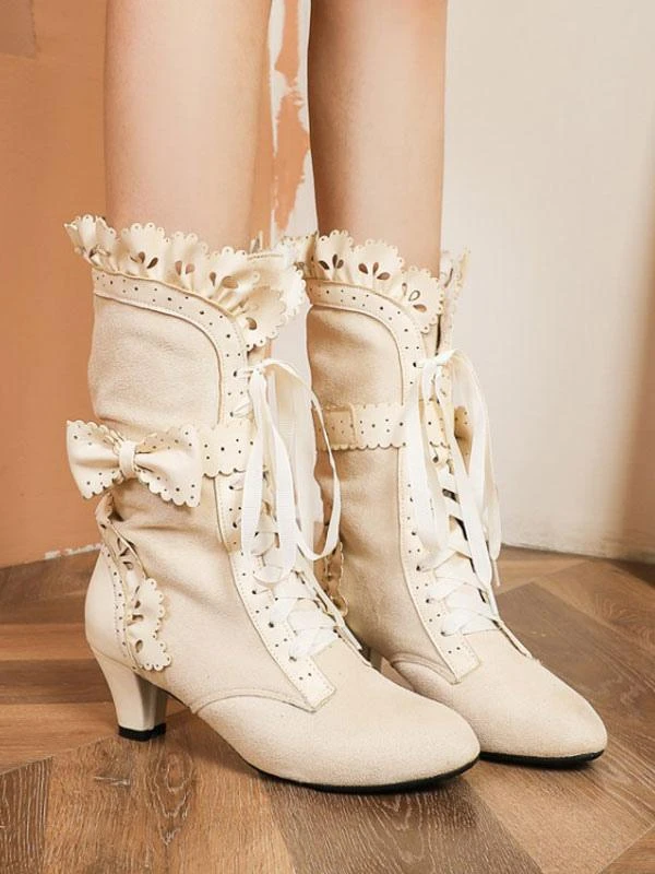 Lolita Boots Bows Kitten Heel Round Toe Lace Up Lolita Shoes