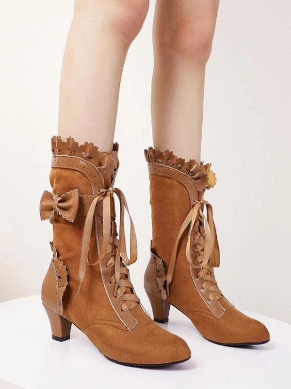 Lolita Boots Bows Kitten Heel Round Toe Lace Up Lolita Shoes - Image 4