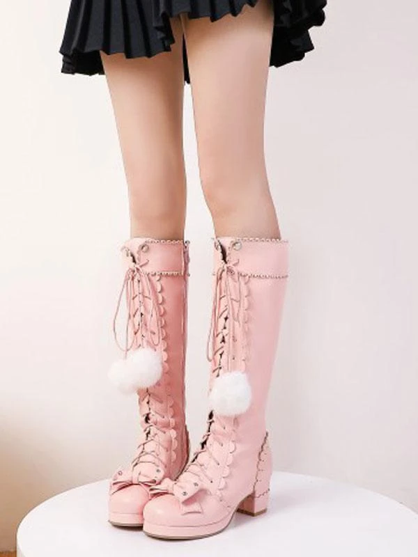 Sweet Lolita Boots Bow Pom Poms Faux Fur Lace Up Lolita Footwear - Image 4