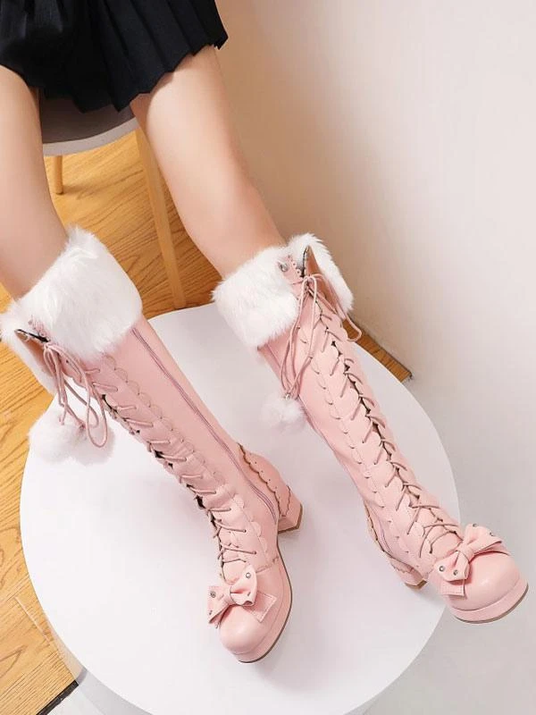 Sweet Lolita Boots Bow Pom Poms Faux Fur Lace Up Lolita Footwear - Image 3