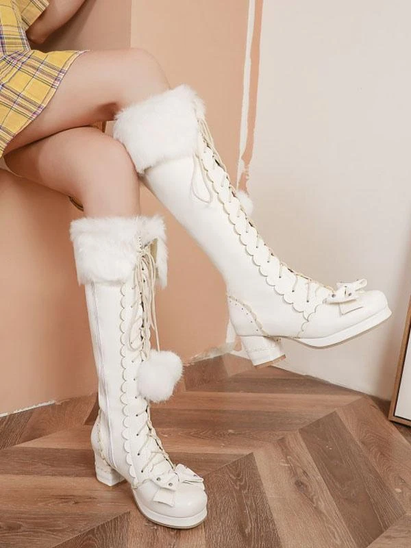 Sweet Lolita Boots Bow Pom Poms Faux Fur Lace Up Lolita Footwear