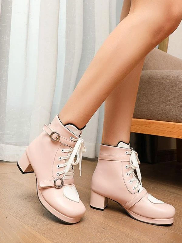 Sweet Lolita Shoes Heart Round Toe PU Leather 5 Colors Lolita Cutie Boots - Image 4