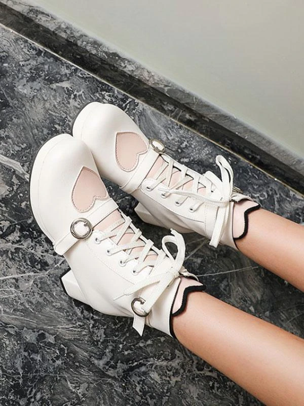 Sweet Lolita Shoes Heart Round Toe PU Leather 5 Colors Lolita Cutie Boots - Image 2
