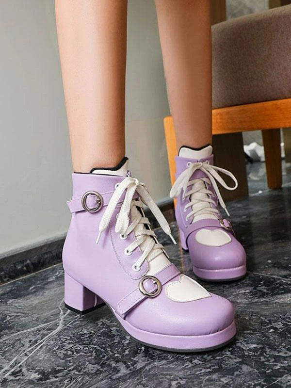Sweet Lolita Shoes Heart Round Toe PU Leather 5 Colors Lolita Cutie Boots - Image 9