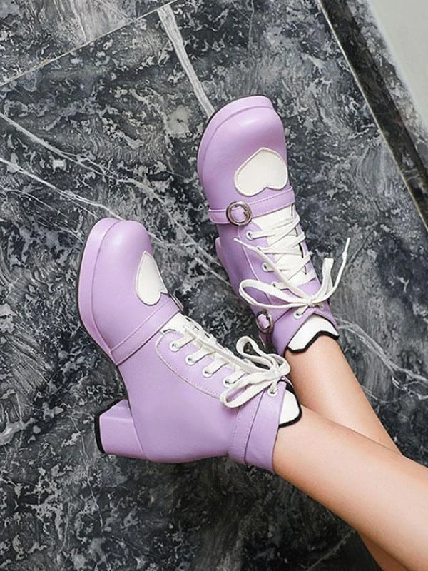 Sweet Lolita Shoes Heart Round Toe PU Leather 5 Colors Lolita Cutie Boots - Image 10