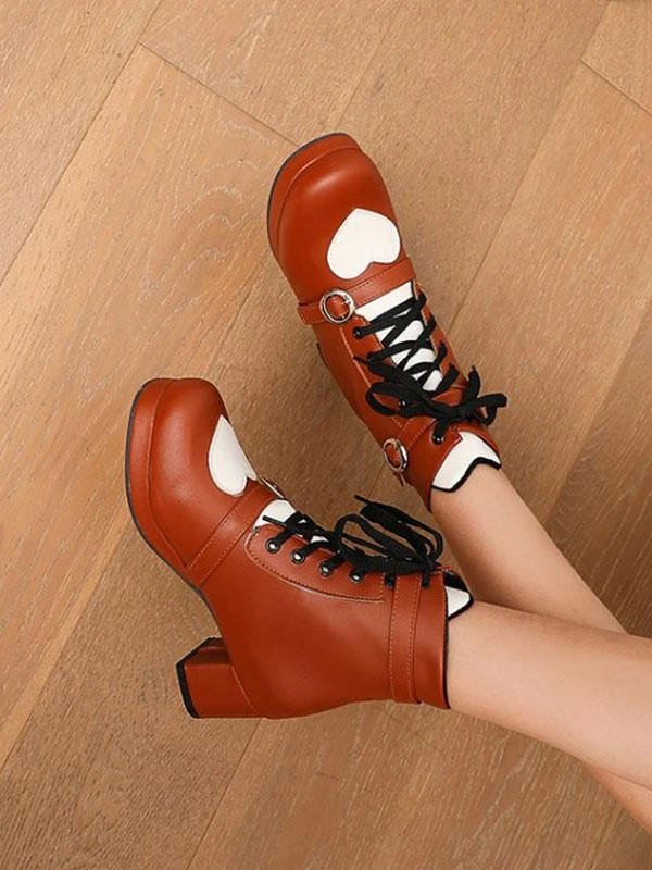 Sweet Lolita Shoes Heart Round Toe PU Leather 5 Colors Lolita Cutie Boots - Image 8