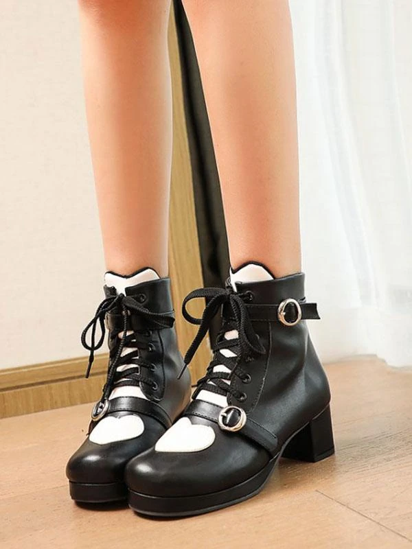 Sweet Lolita Shoes Heart Round Toe PU Leather 5 Colors Lolita Cutie Boots - Image 6