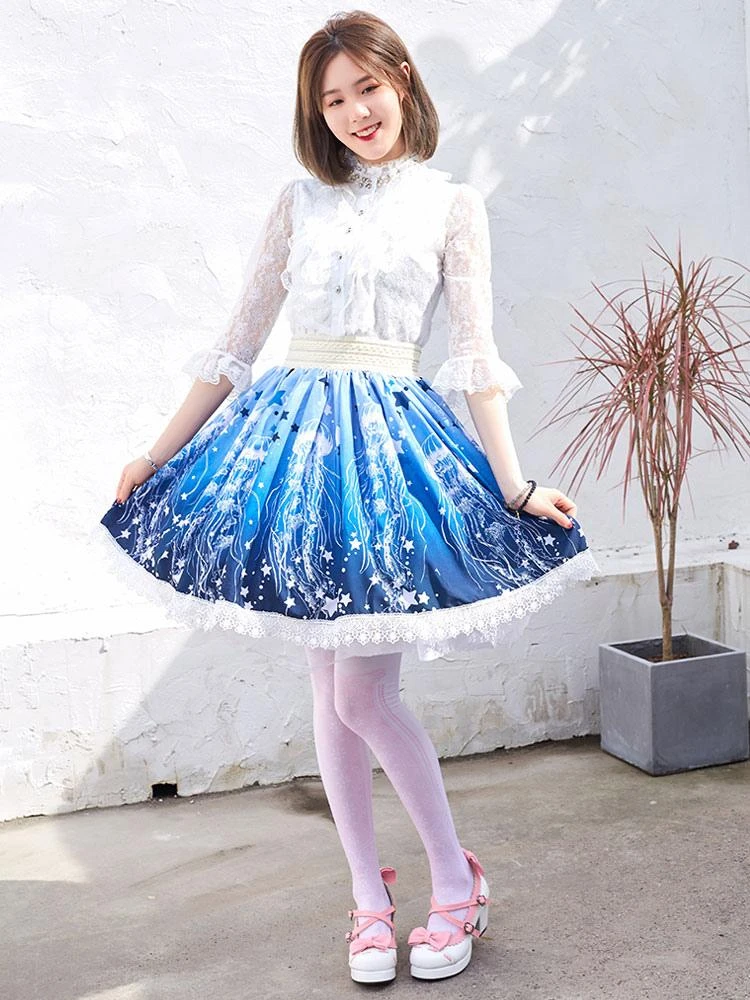 Sweet Lace Lolita SK Blue Stars Print Lolita Skirts
