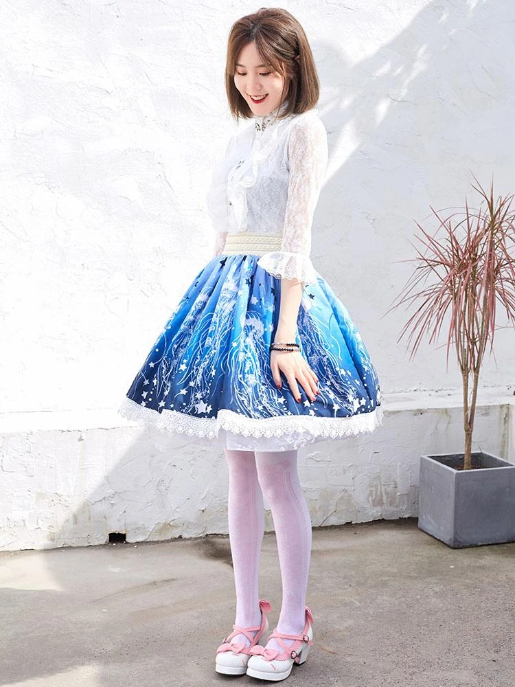 Sweet Lace Lolita SK Blue Stars Print Lolita Skirts - Image 2