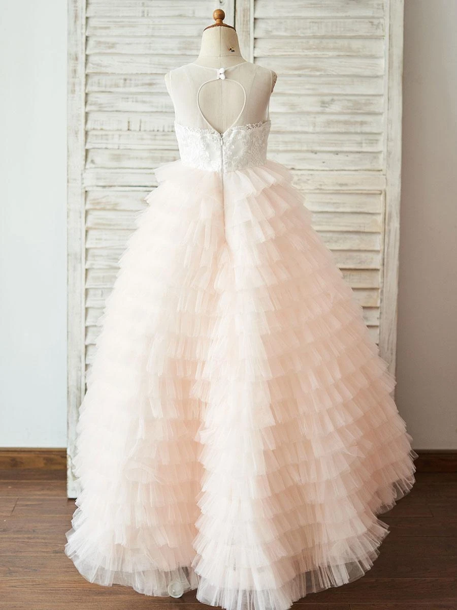 Flower Girl Dresses Light Pink Jewel Neck Sleeveless Buttons Kids Party Dresses - Image 2