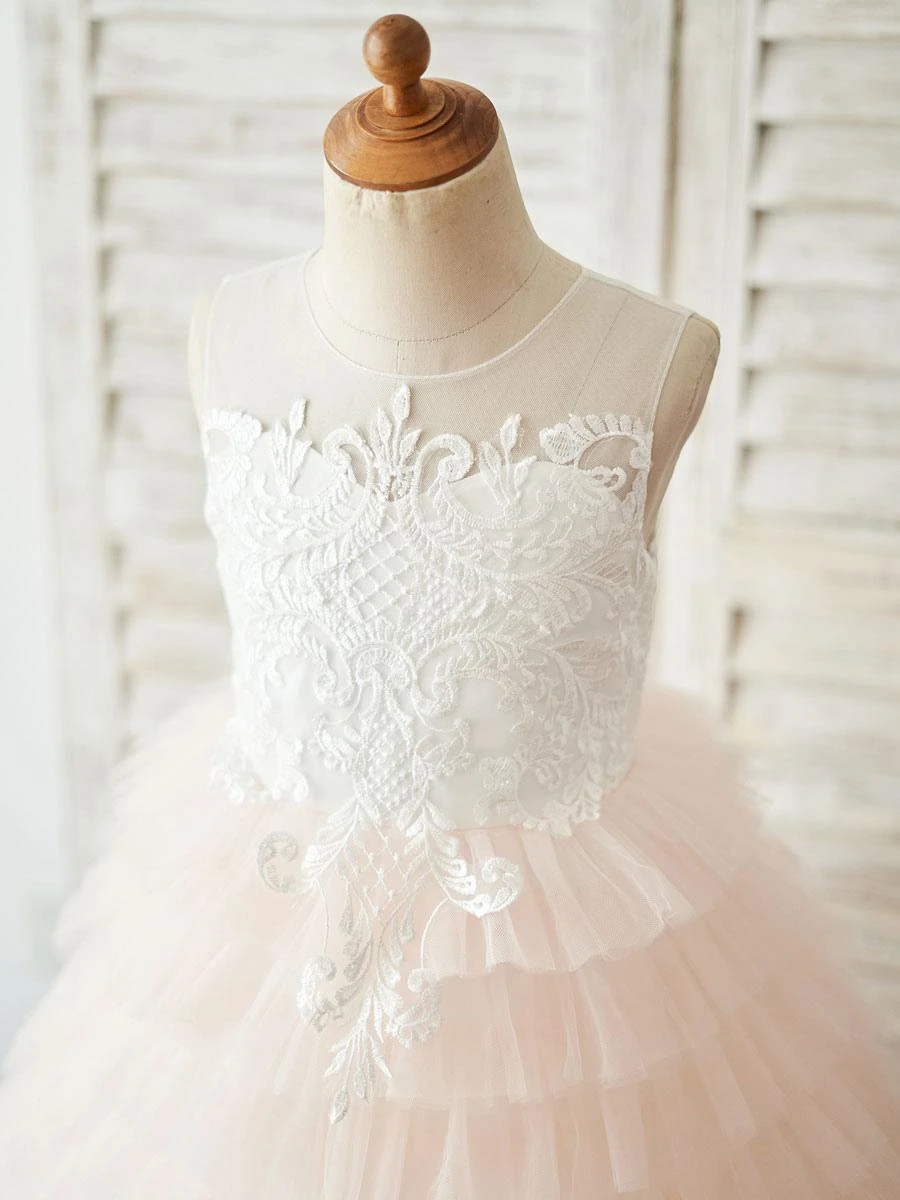 Flower Girl Dresses Light Pink Jewel Neck Sleeveless Buttons Kids Party Dresses - Image 3
