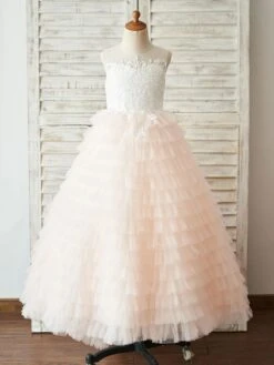 Flower Girl Dresses Light Pink Jewel Neck Sleeveless Buttons Kids Party Dresses