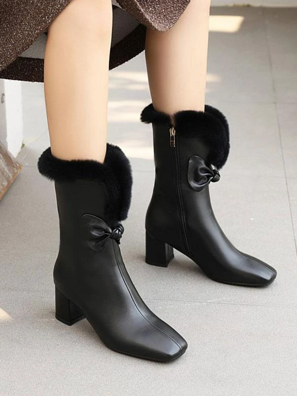 Women Ankle Boots PU Leather White Bows Square Toe Chunky Heel - Image 8
