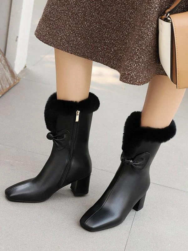 Women Ankle Boots PU Leather White Bows Square Toe Chunky Heel - Image 7