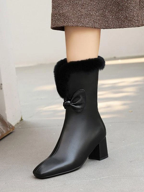 Women Ankle Boots PU Leather White Bows Square Toe Chunky Heel - Image 6
