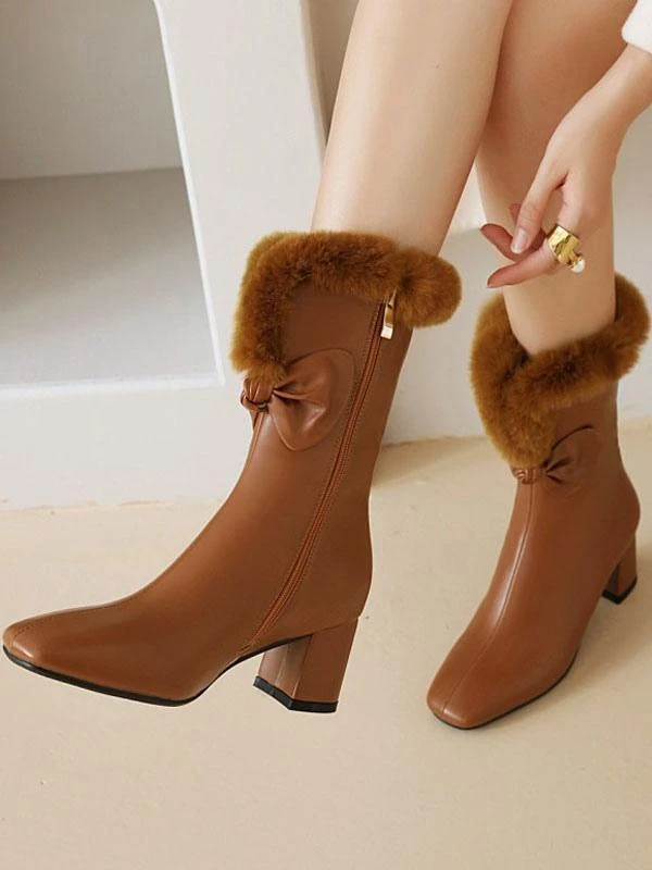 Women Ankle Boots PU Leather White Bows Square Toe Chunky Heel - Image 5