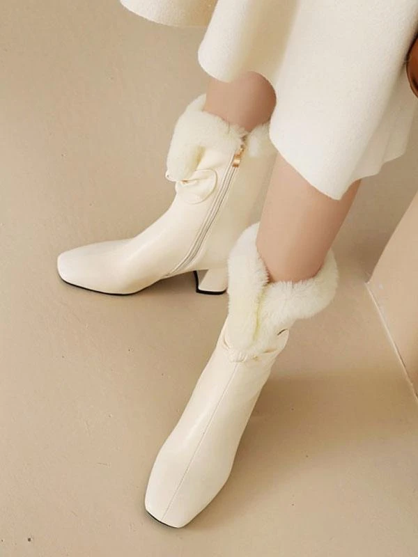 Women Ankle Boots PU Leather White Bows Square Toe Chunky Heel - Image 3