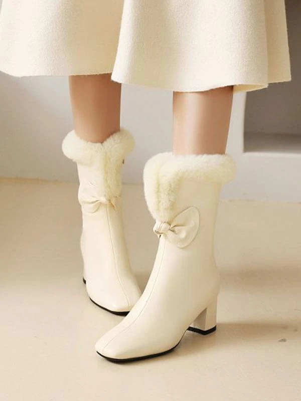 Women Ankle Boots PU Leather White Bows Square Toe Chunky Heel - Image 2