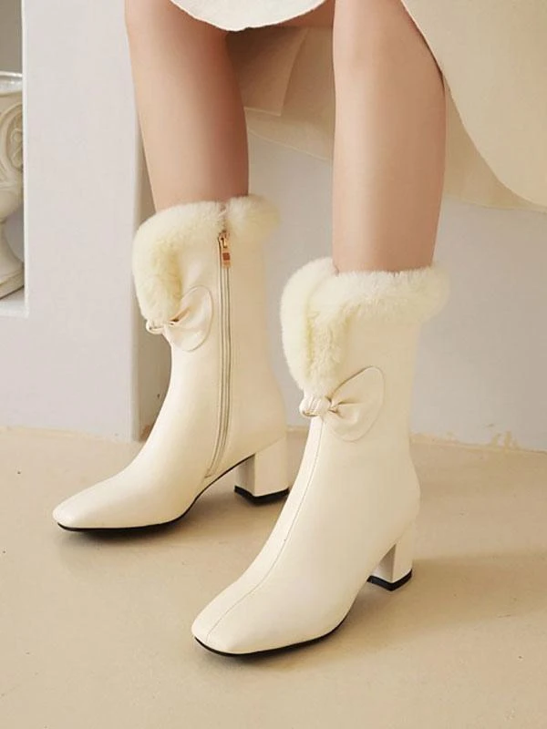 Women Ankle Boots PU Leather White Bows Square Toe Chunky Heel