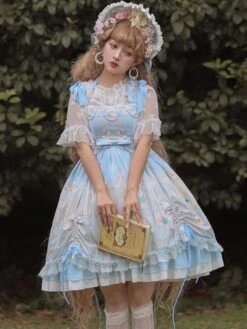Sweet Lolita OP Dress Neverland Floral Print Light Sky Blue Ruffles Lolita One Piece Dresses