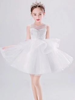 Flower Girl Dresses Jewel Neck Tulle Sleeveless Short Princess Kids Social Party Dresses