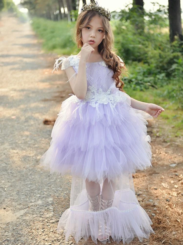 Flower Girl Dresses Jewel Neck Polyester Sleeveless Knee-Length Princess Silhouette Feathers Lace Kids Dresses - Image 2