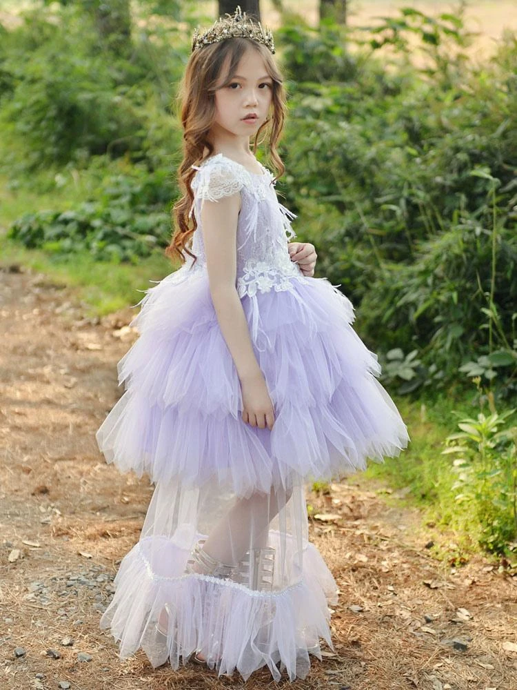 Flower Girl Dresses Jewel Neck Polyester Sleeveless Knee-Length Princess Silhouette Feathers Lace Kids Dresses - Image 3