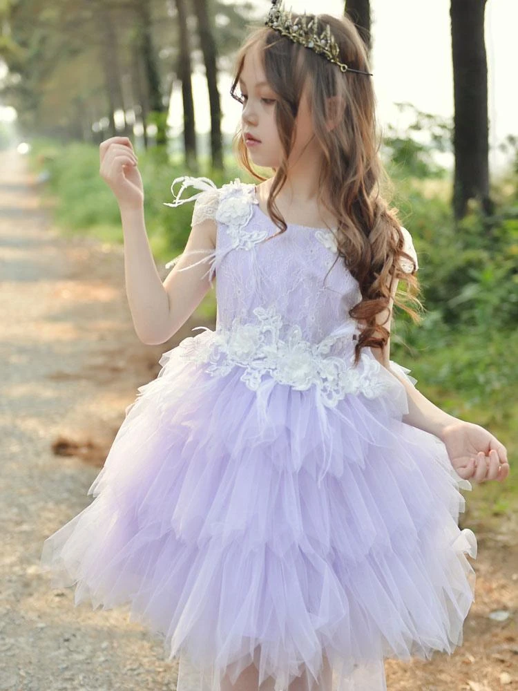 Flower Girl Dresses Jewel Neck Polyester Sleeveless Knee-Length Princess Silhouette Feathers Lace Kids Dresses - Image 5