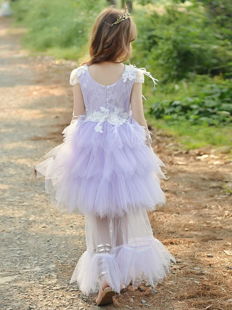 Flower Girl Dresses Jewel Neck Polyester Sleeveless Knee-Length Princess Silhouette Feathers Lace Kids Dresses - Image 7