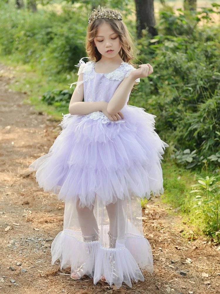 Flower Girl Dresses Jewel Neck Polyester Sleeveless Knee-Length Princess Silhouette Feathers Lace Kids Dresses - Image 9