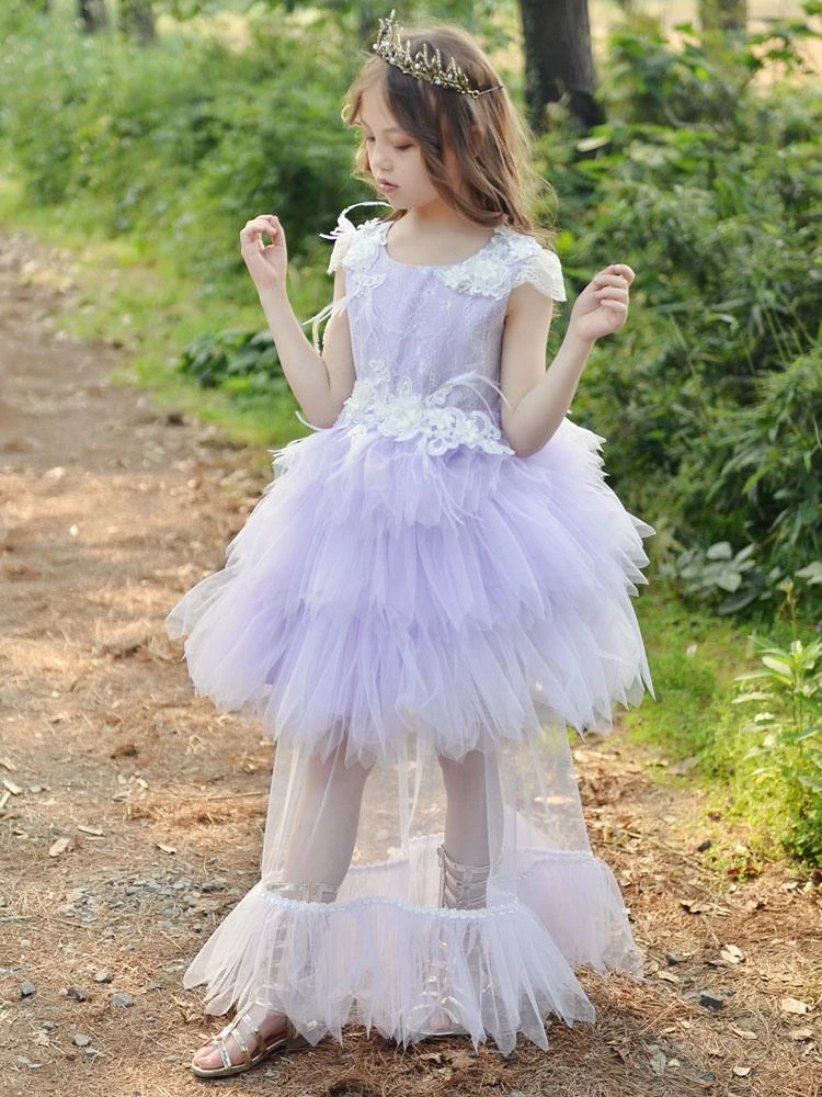 Flower Girl Dresses Jewel Neck Polyester Sleeveless Knee-Length Princess Silhouette Feathers Lace Kids Dresses - Image 4