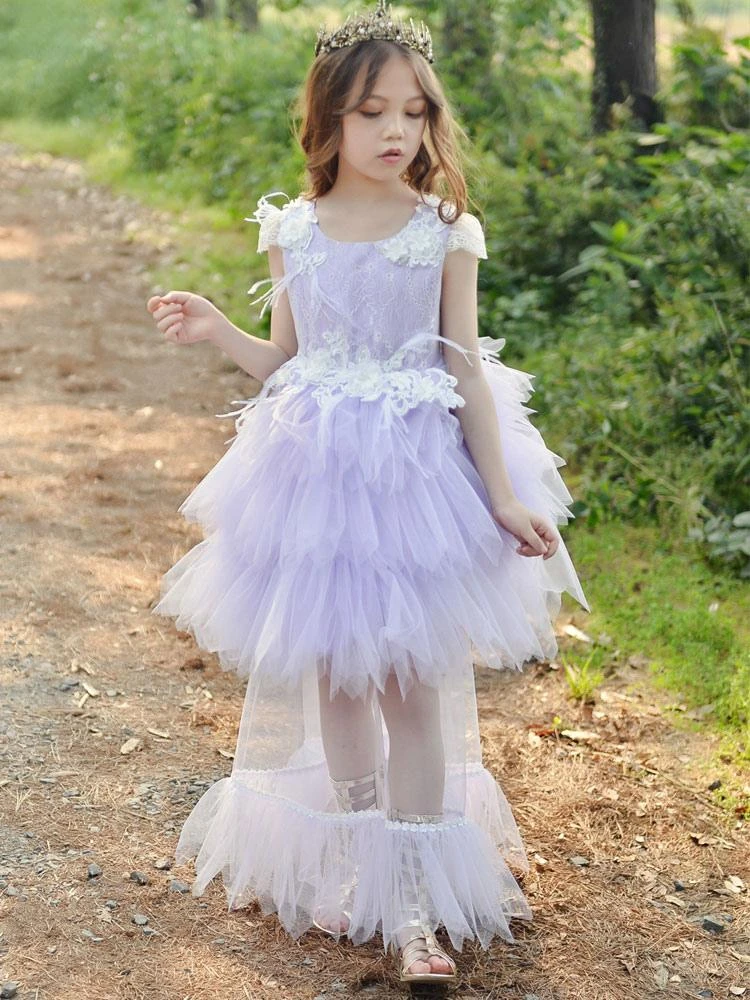 Flower Girl Dresses Jewel Neck Polyester Sleeveless Knee-Length Princess Silhouette Feathers Lace Kids Dresses - Image 8