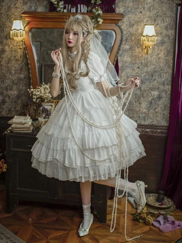White Sweet Lolita OP Dress Wedding Dress Neverland Cascading Ruffles Bows Floral Print Short Sleeves Lolita One Piece Dresses - Image 3