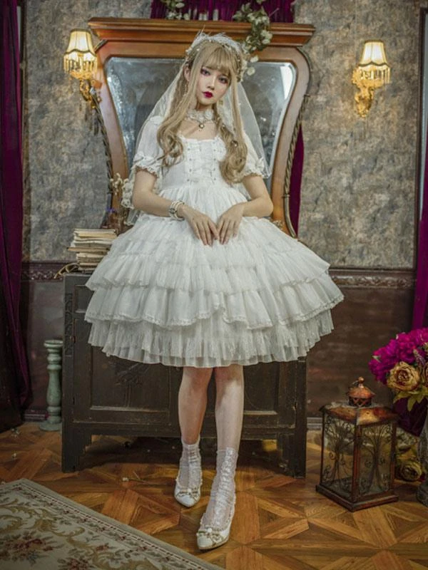 White Sweet Lolita OP Dress Wedding Dress Neverland Cascading Ruffles Bows Floral Print Short Sleeves Lolita One Piece Dresses