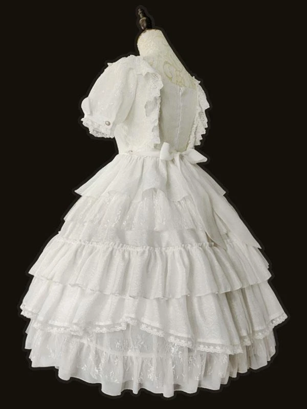 White Sweet Lolita OP Dress Wedding Dress Neverland Cascading Ruffles Bows Floral Print Short Sleeves Lolita One Piece Dresses - Image 6